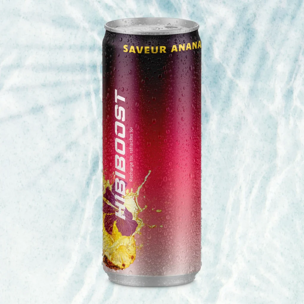 Image de mockup d'une cannette avec l'identité d'hibiboost