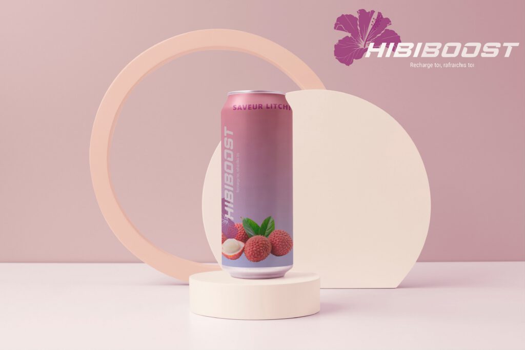Image de mockup d'une cannette avec l'identité d'hibiboost rose