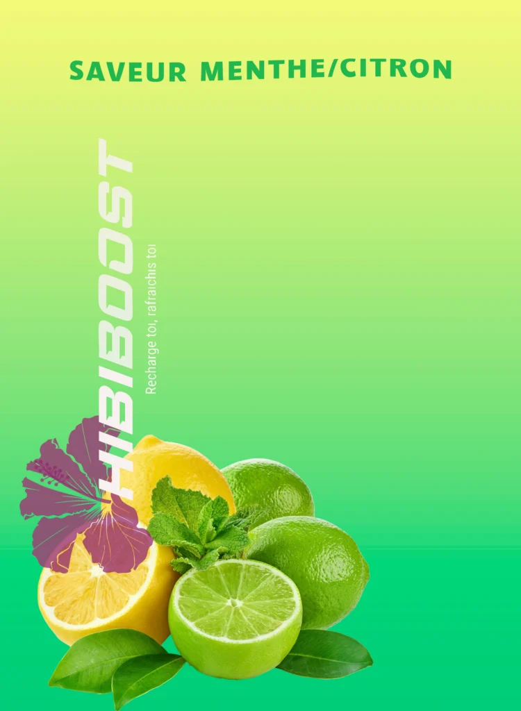 Etiquette hibiboost saveur citron vert et jaune